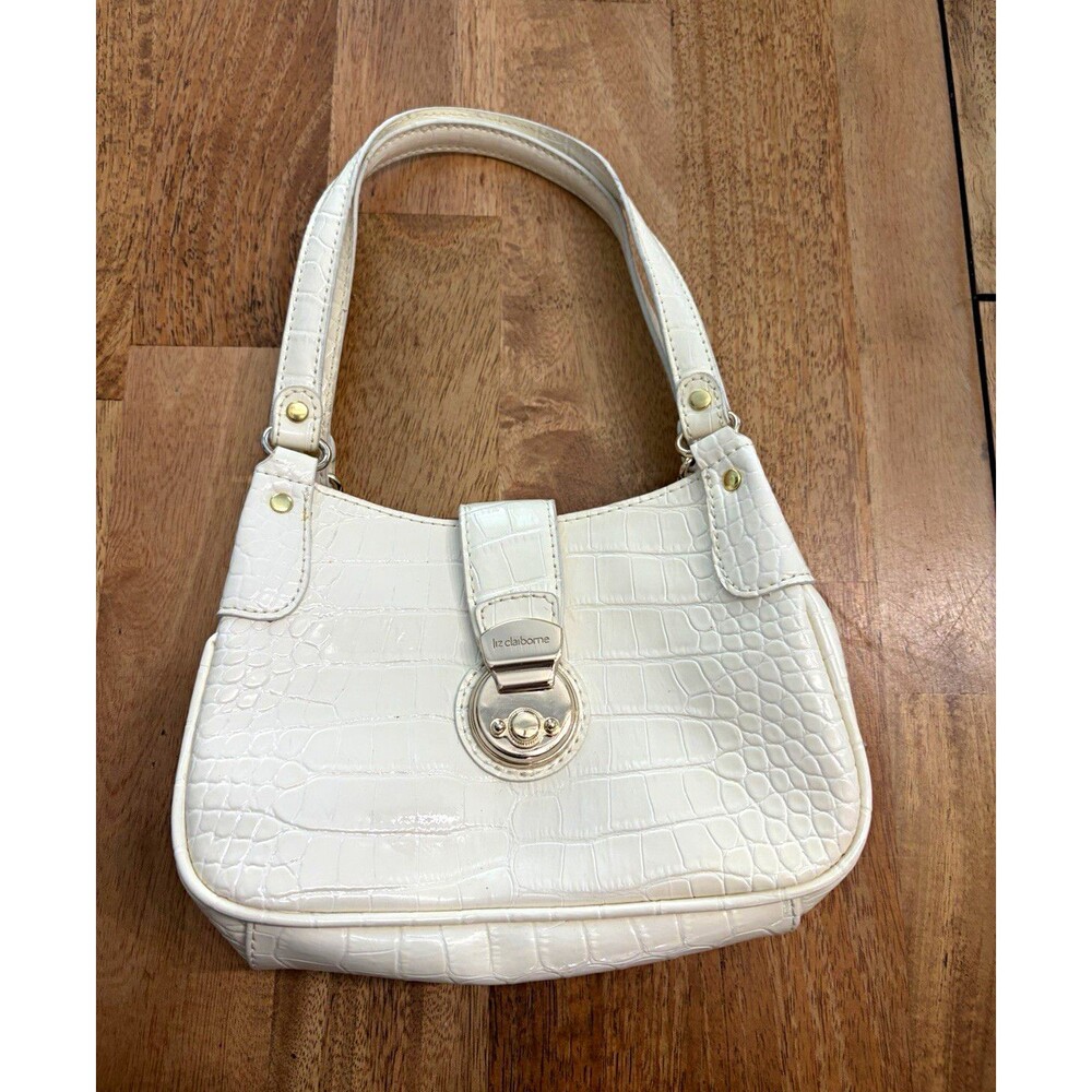 Liz Claiborne White Croc Embossed Faux Leather Shoulder Bag Buckle Silver HW